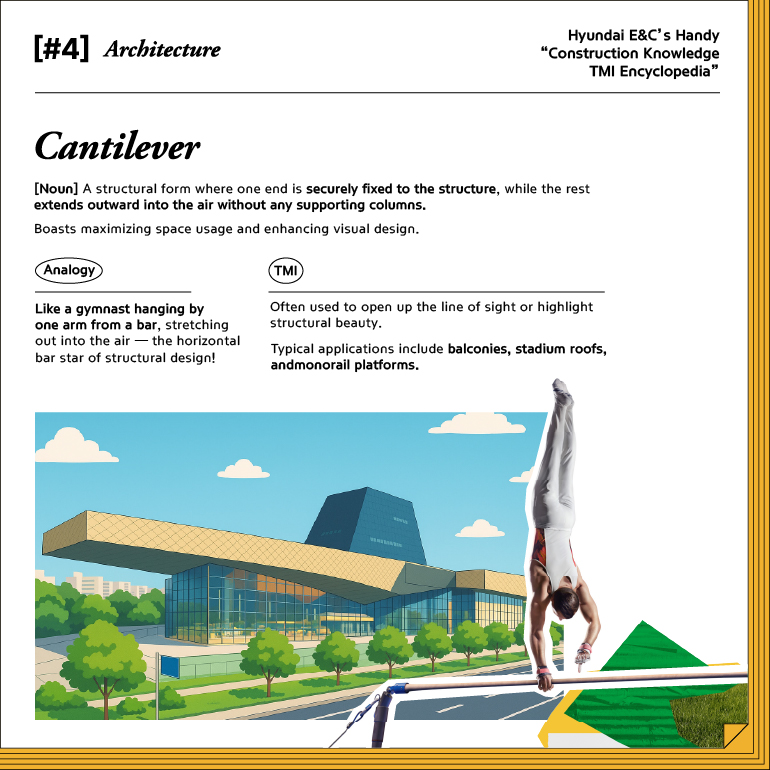 # 4. Architecture Cantilever  [Noun]  A structural form where one end is securely fixed to the structure, while the rest extends outward into the air without any supporting columns. Boasts maximizing space usage and enhancing visual design. Analogy Like a gymnast hanging by one arm from a bar, stretching out into the air — the horizontal bar star of structural design! TMI Often used to open up the line of sight or highlight structural beauty. Typical applications include balconies, stadium roofs, and monorail platforms.